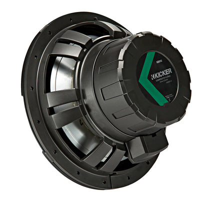 Kicker 10-inch 4-ohm subwoofer with rugged black design and green logo, ideal for car audio systems