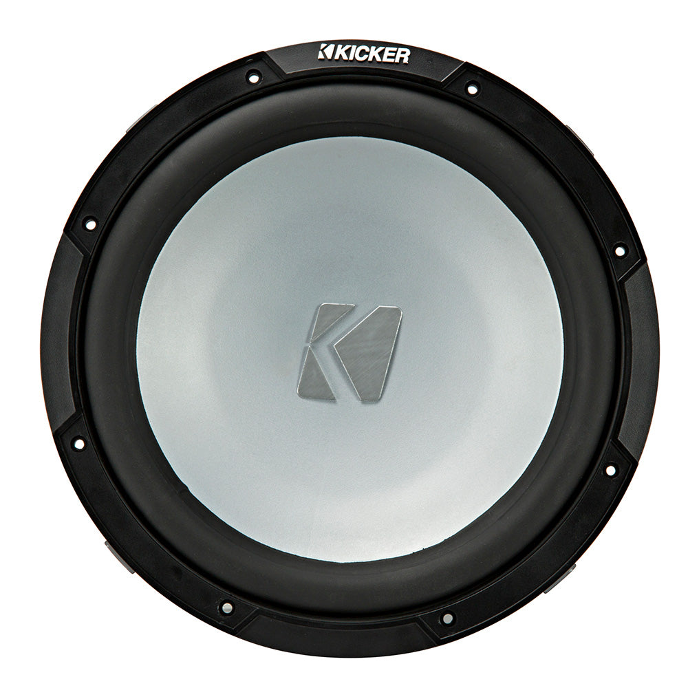 Kicker subwoofer with silver cone and black frame, high-performance car audio component