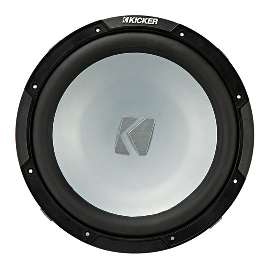 Kicker subwoofer with silver cone and black frame, high-performance car audio component