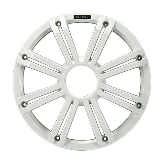 White Kicker marine speaker grille with sleek radial design for boat audio systems