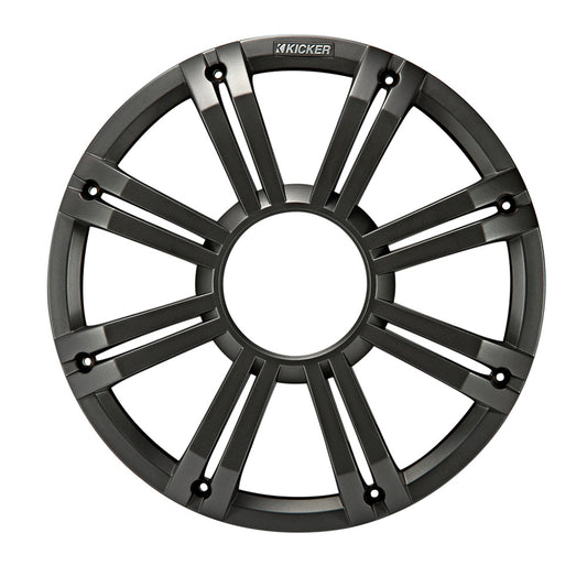 Kicker speaker grille with sleek black finish and radial design for car audio systems