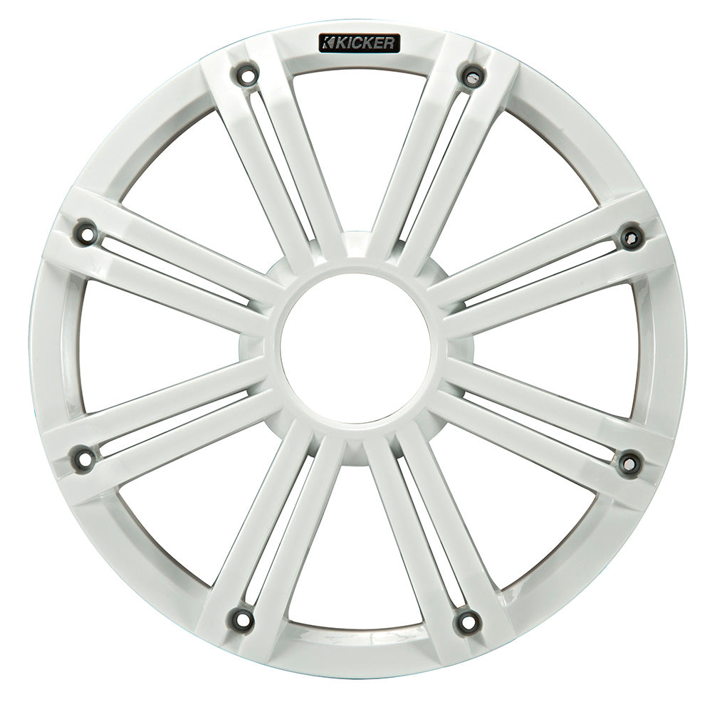 White Kicker marine speaker grille with radial design for boat audio systems