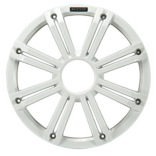 White Kicker marine speaker grille with radial design for boat audio systems