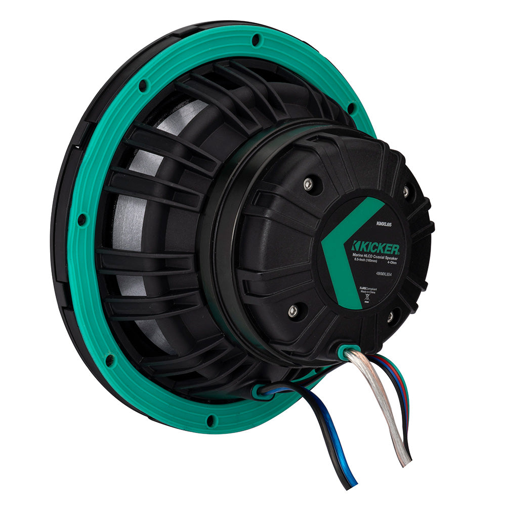 Kicker Marine 6.5-inch Coaxial Speaker with teal surround and wiring for boat audio systems