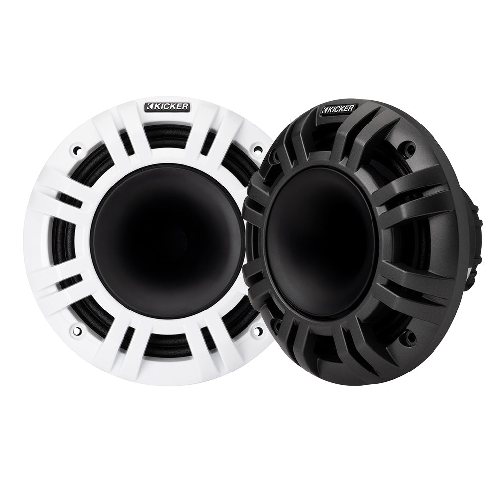 Kicker marine speakers in white and black, designed for boat audio systems with rugged styling