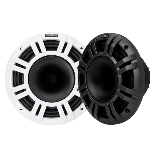 Kicker marine speakers in white and black, designed for boat audio systems with durable waterproof construction.