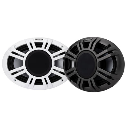 White and black Kicker marine speakers for boat audio systems
