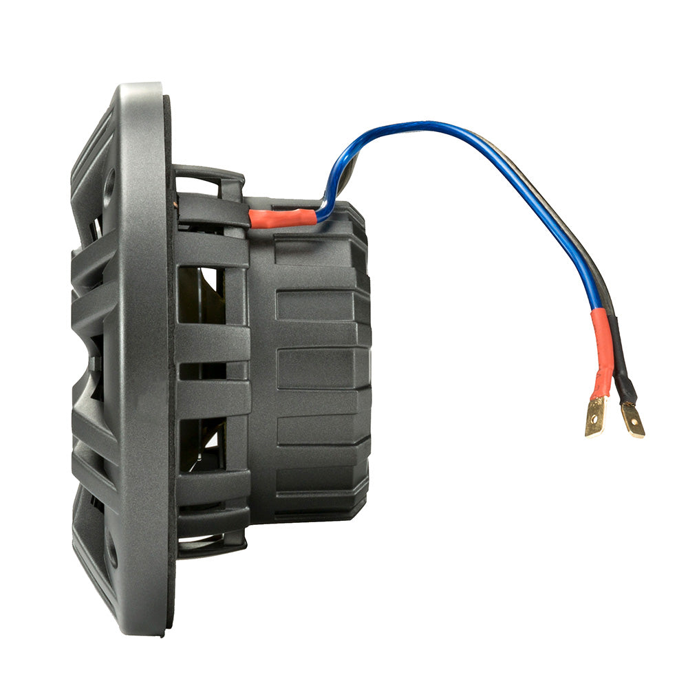 Black marine speaker with blue and red wiring, designed for auto or boat audio installation