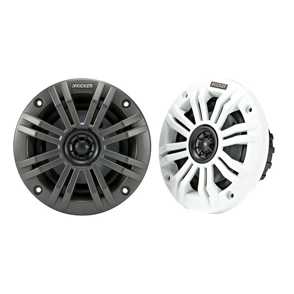 Kicker marine speakers in black and white, rugged design for boat audio systems