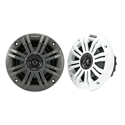 Kicker marine speakers in black and white, rugged design for boat audio systems