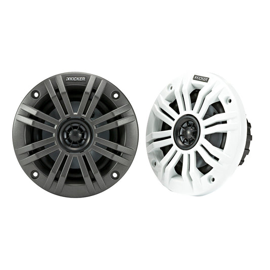 Kicker marine speakers in black and white, rugged design for boat audio systems