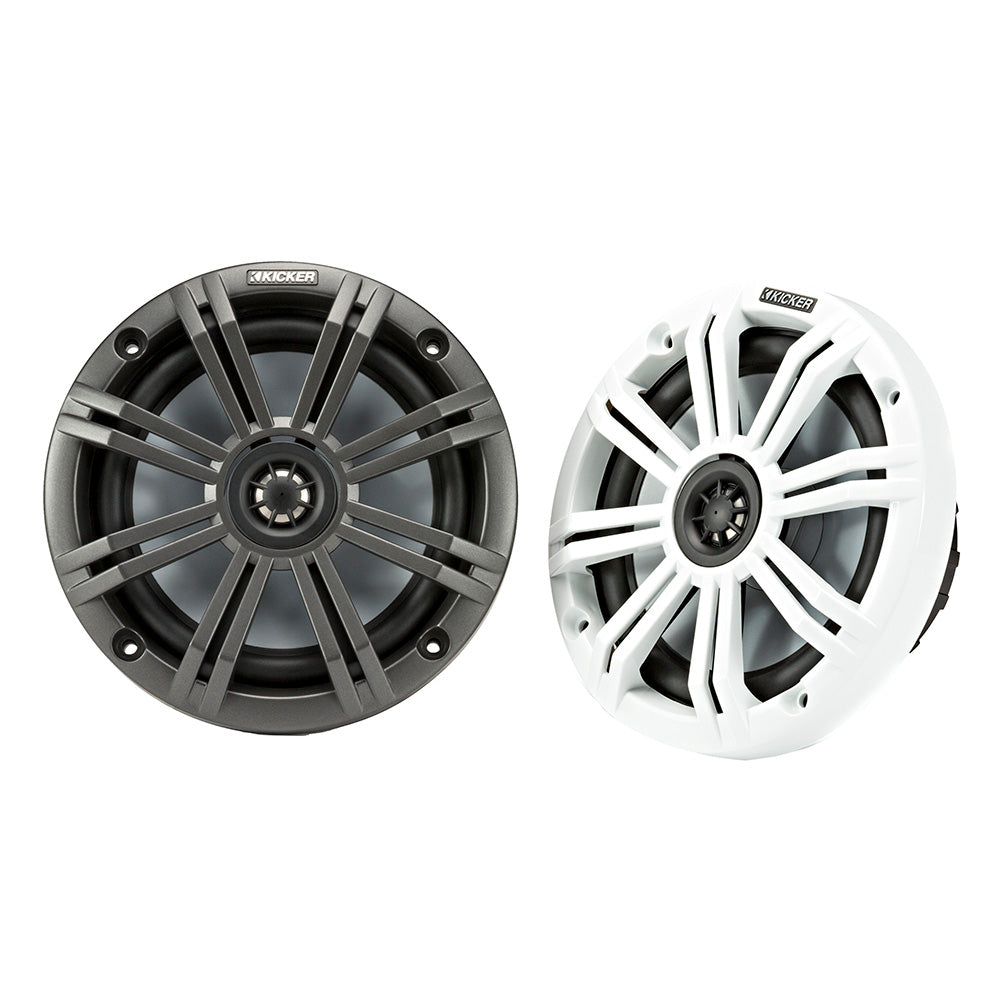 Kicker marine speakers in black and white, ideal for boat audio systems with durable design