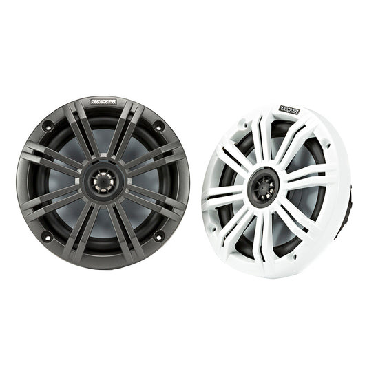 Kicker marine speakers in black and white, ideal for boat audio systems with durable design