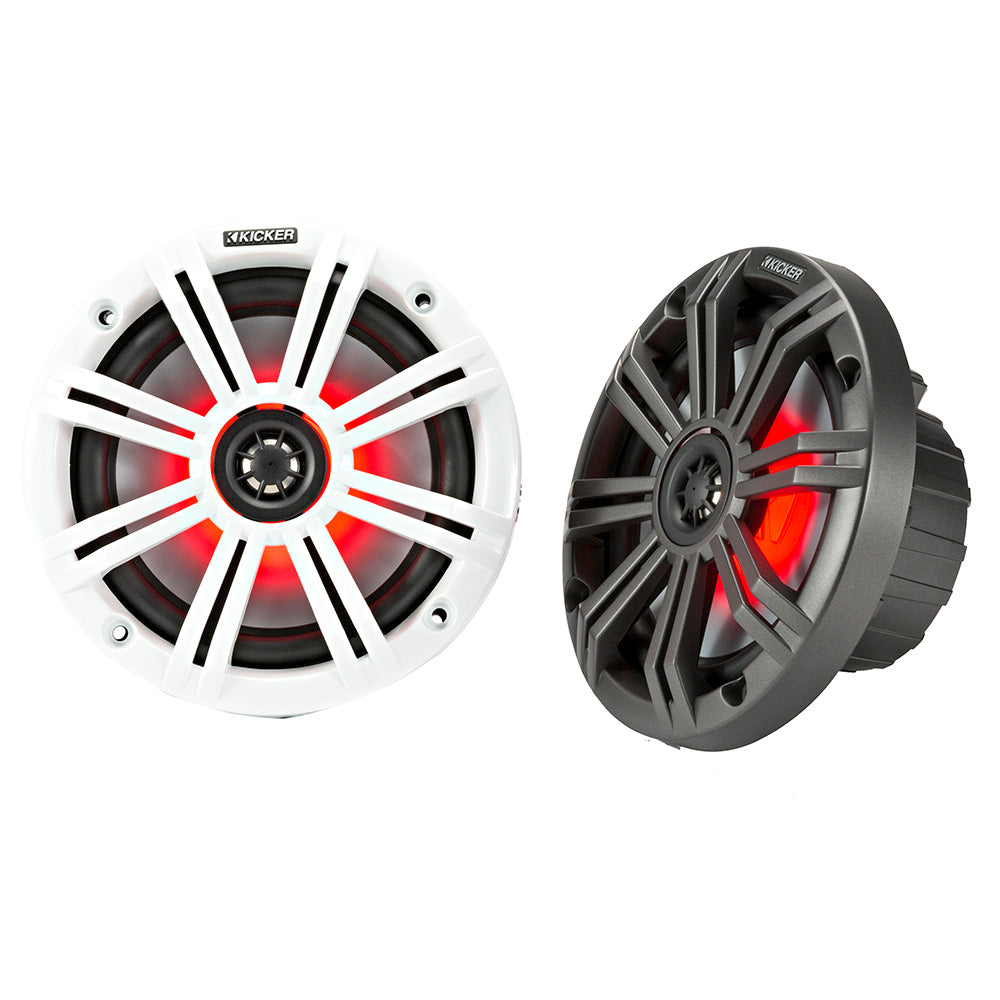 Kicker marine speakers with red LED lighting, white and black grille options for boat audio systems