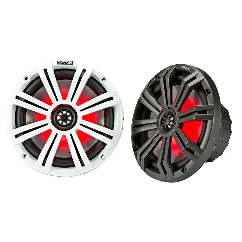 Kicker marine speakers with red LED lighting, white and black grille options for boat audio systems