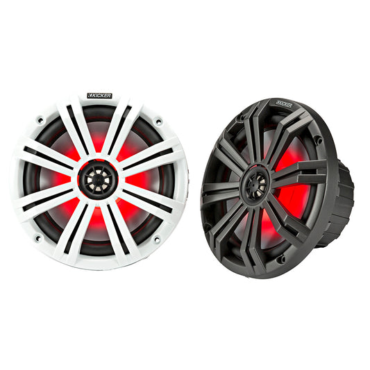 Kicker marine speakers with red LED lighting, white and black grille options for boat audio systems