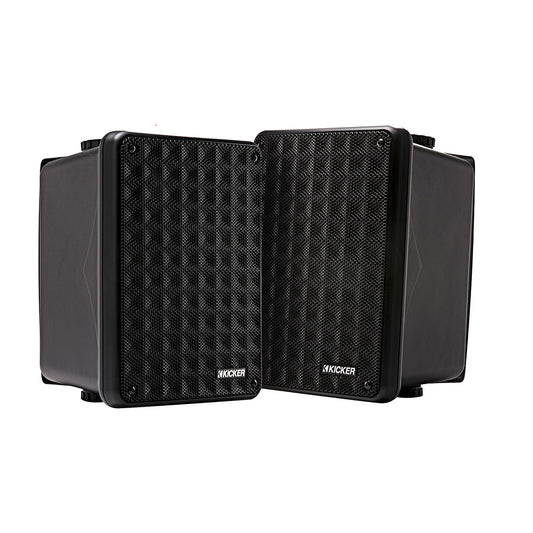 Kicker marine speakers with black mesh grilles, ideal for boat audio systems and outdoor use.