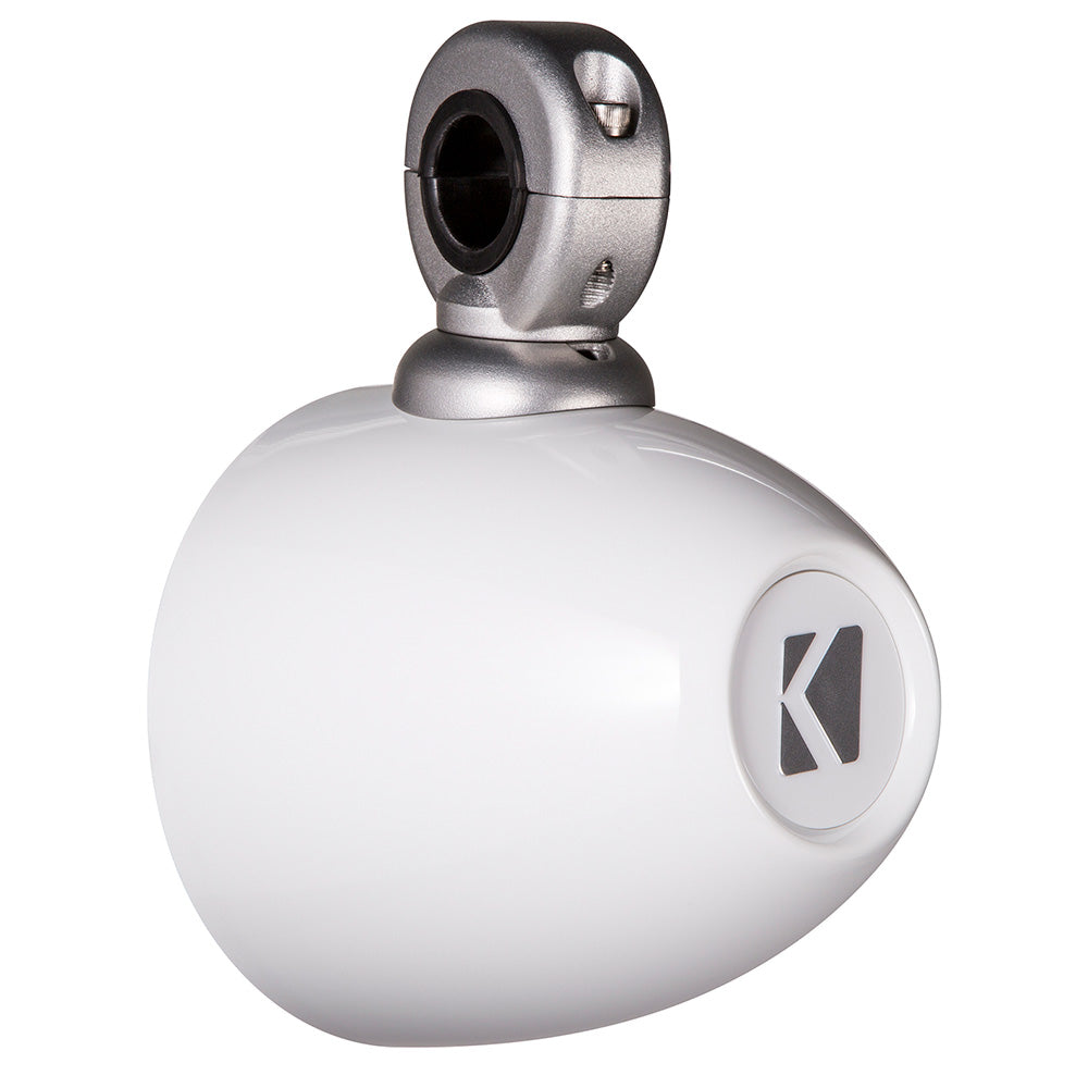 White Kicker marine speaker with silver clamp mount for boat audio systems