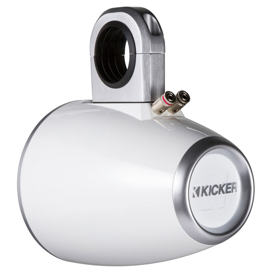 Kicker marine speaker with white housing and silver mount, ideal for boat audio systems