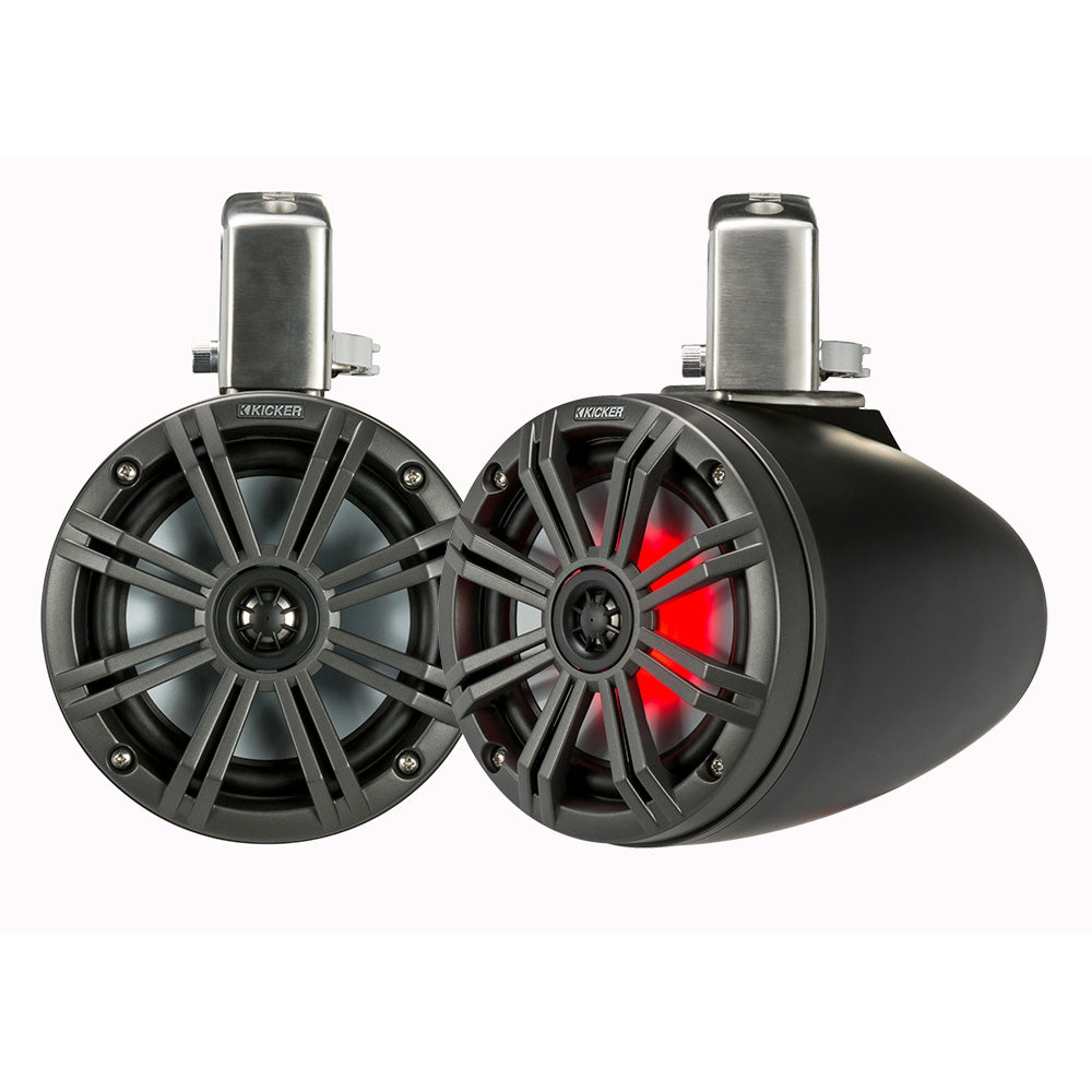 Kicker marine speakers with red LED lighting, rugged black design for boat audio systems