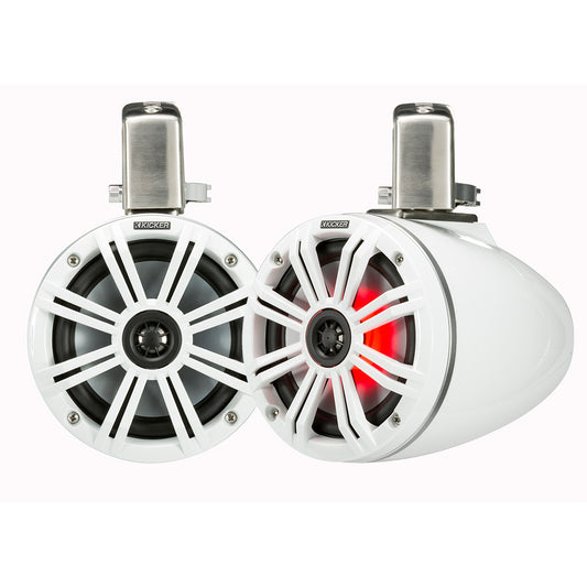 White Kicker marine speakers with red LED lighting and stainless steel mounts for boat audio systems