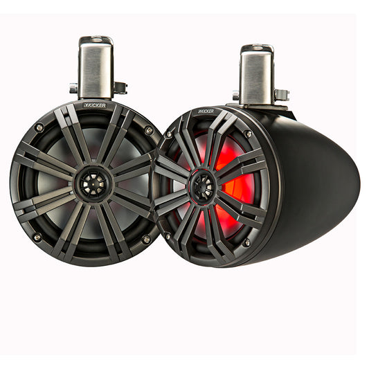 Kicker marine speakers with red LED lighting, rugged design for boat audio systems