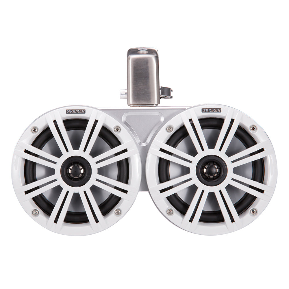 White Kicker marine speakers with silver mount, ideal for boat audio systems