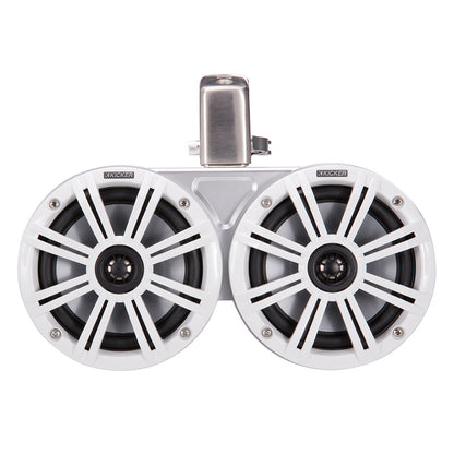 White Kicker marine speakers with silver mount, ideal for boat audio systems