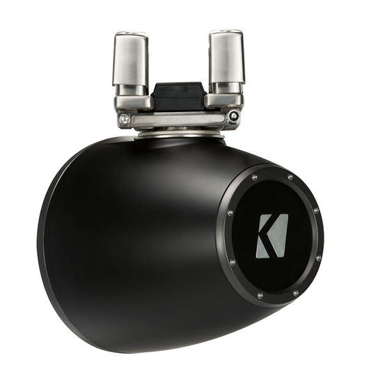 Black Kicker marine speaker with stainless steel mount, designed for boat audio systems