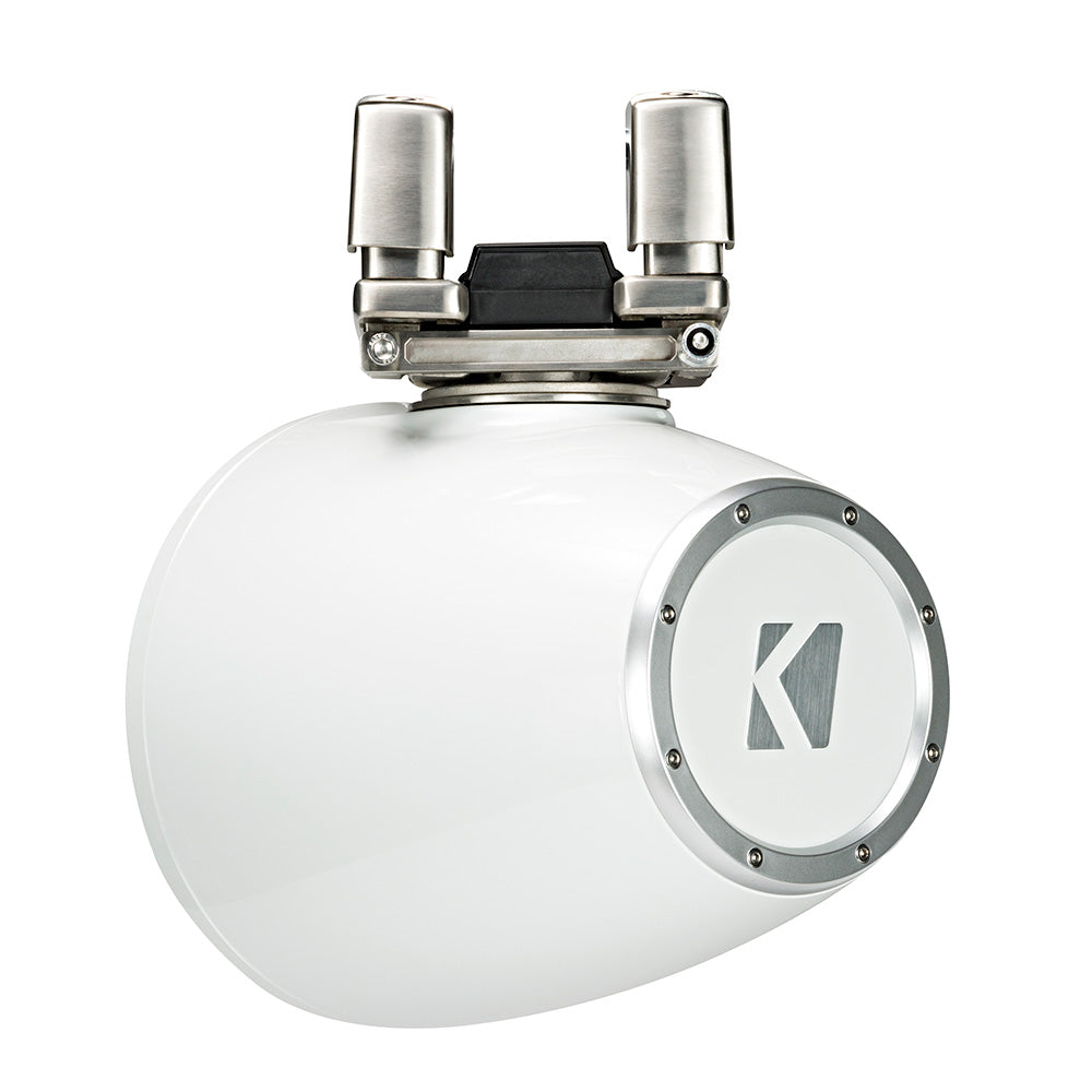 White Kicker marine speaker with stainless steel mount, ideal for boat audio systems