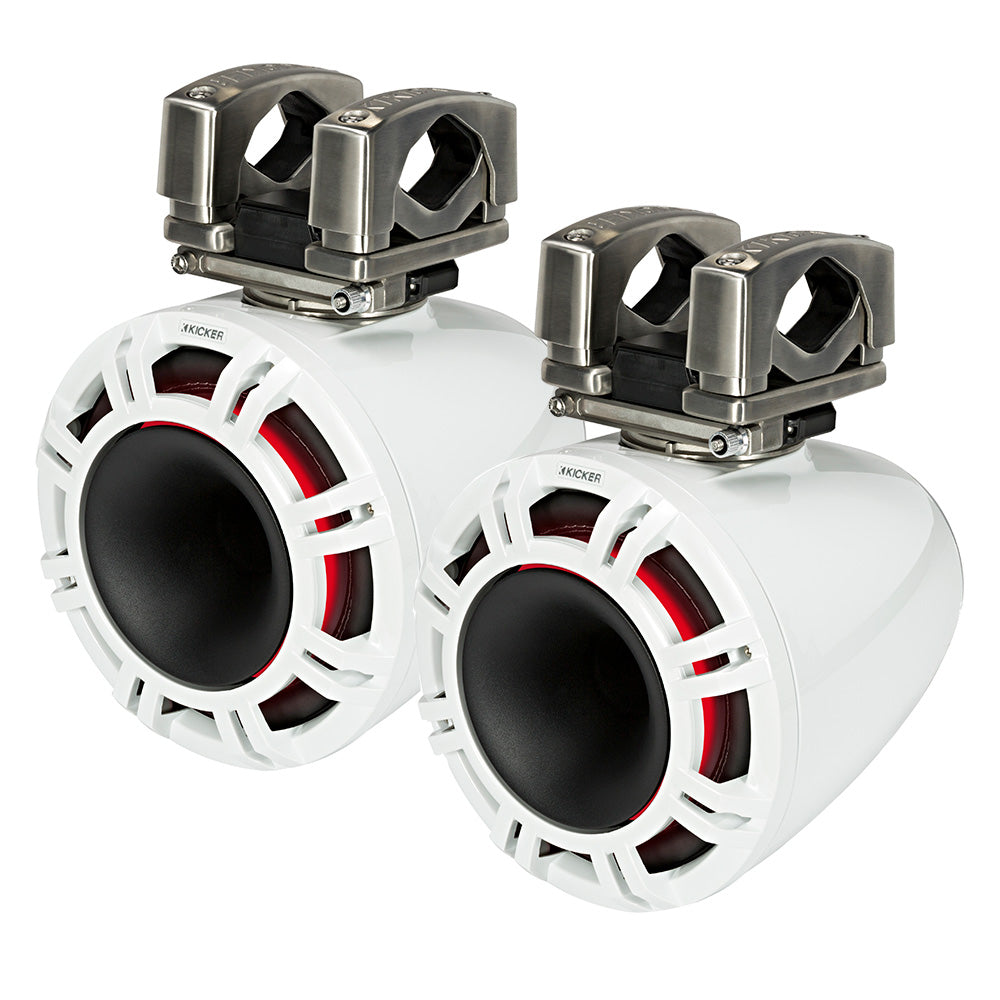 White Kicker marine speakers with red accents and stainless steel mounts for boat audio systems