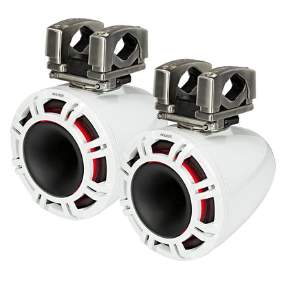 White Kicker marine speakers with red accents and stainless steel mounts for boat audio systems
