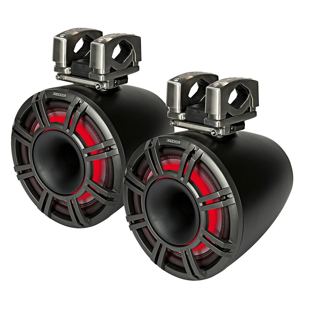 Kicker marine speakers with red LED lighting and mounting brackets for boat audio systems