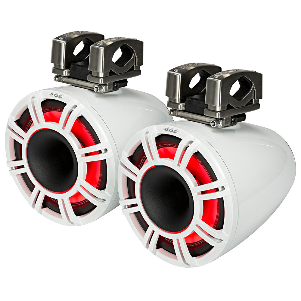 White Kicker marine speakers with red LED lighting and mounting brackets for boat audio systems