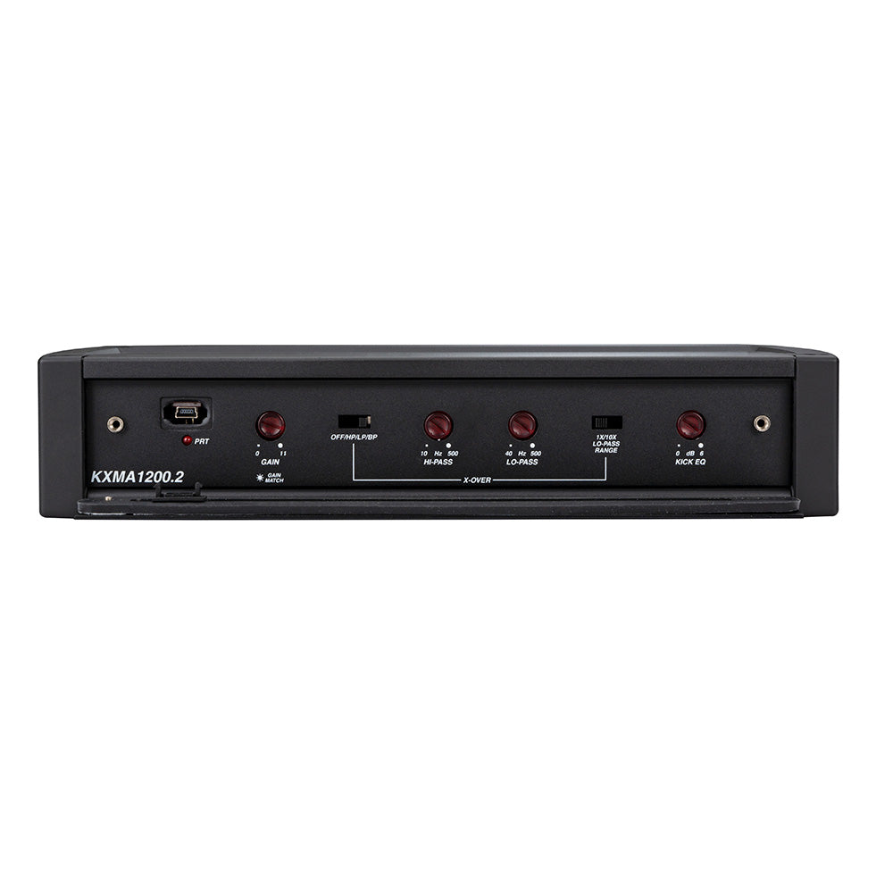 KXMA1200.2 car audio amplifier with gain, crossover, and EQ controls for custom sound tuning