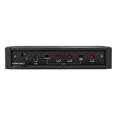 KXMA1200.2 car audio amplifier with gain, crossover, and EQ controls for custom sound tuning