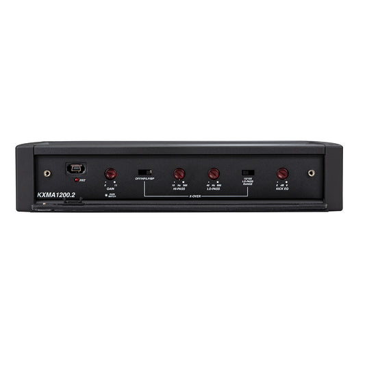 KXMA1200.2 car audio amplifier with gain, crossover, and EQ controls for custom sound tuning