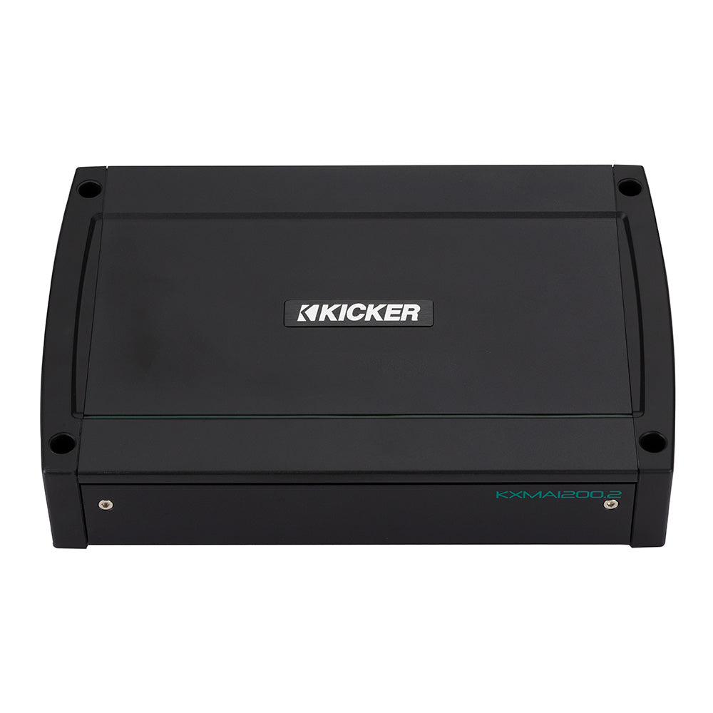 Kicker KXMA1200.2 marine amplifier for boat audio systems, compact black design with teal branding
