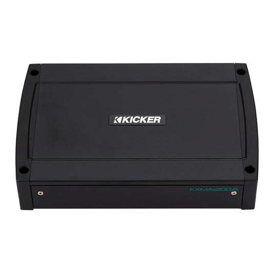 Kicker KXMA1200.2 marine amplifier for boat audio systems, compact black design with teal branding