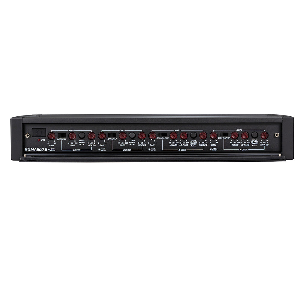 KXMA800.8 car audio amplifier with red knobs and crossover controls for high-quality vehicle sound system installation