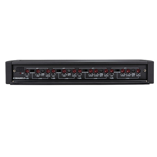 KXMA800.8 car audio amplifier with red knobs and crossover controls for high-quality vehicle sound system installation