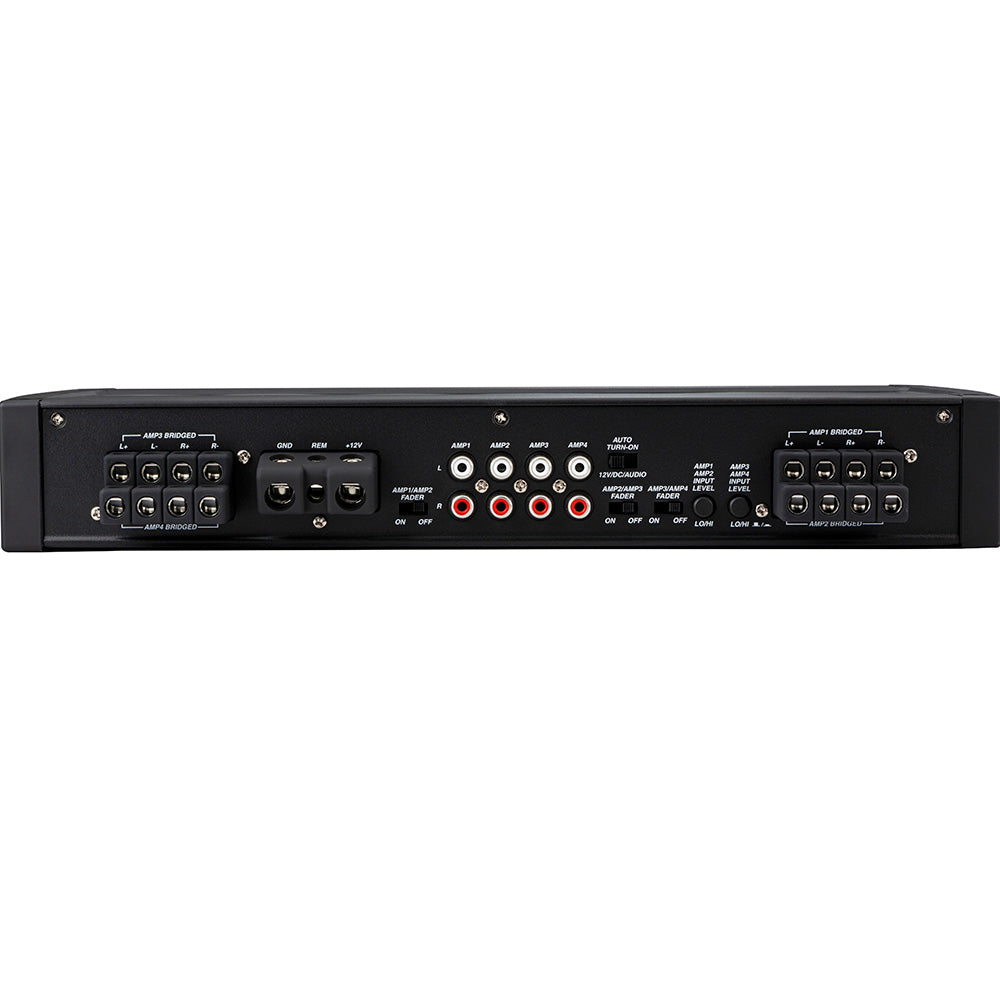 Rear panel of car audio amplifier with multiple input/output ports, faders, and bridged channel terminals