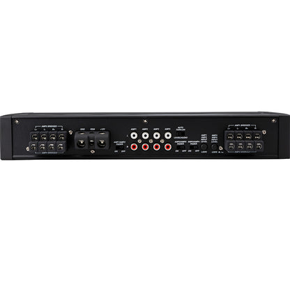 Rear panel of car audio amplifier with multiple input/output ports, faders, and bridged channel terminals