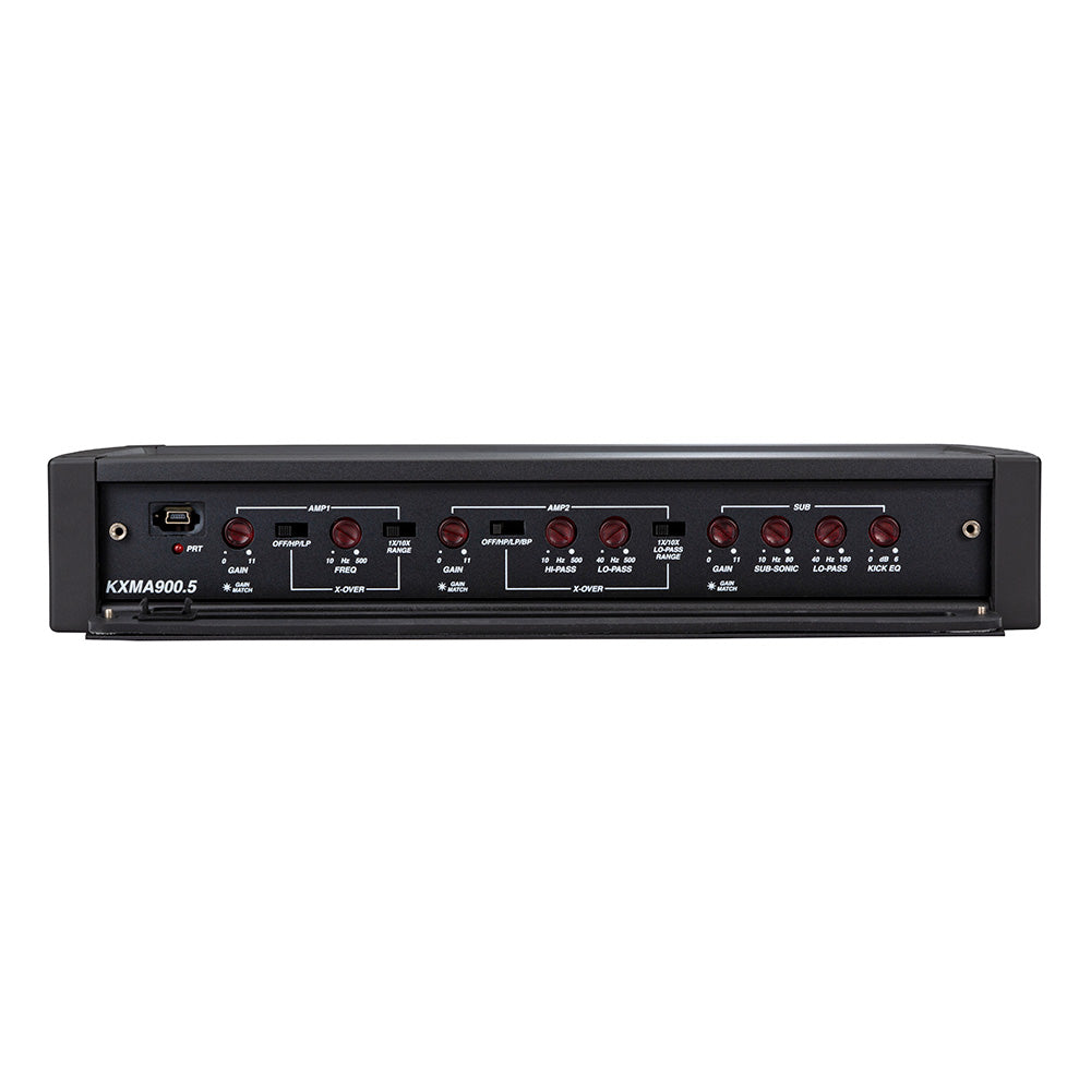 KXMA900.5 car audio amplifier with red knobs and crossover controls for high-quality installation