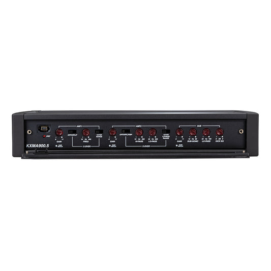 KXMA900.5 car audio amplifier with red knobs and crossover controls for high-quality installation