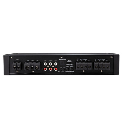 Car audio amplifier rear panel with RCA inputs, speaker terminals, and remote bass control for high-quality sound installation