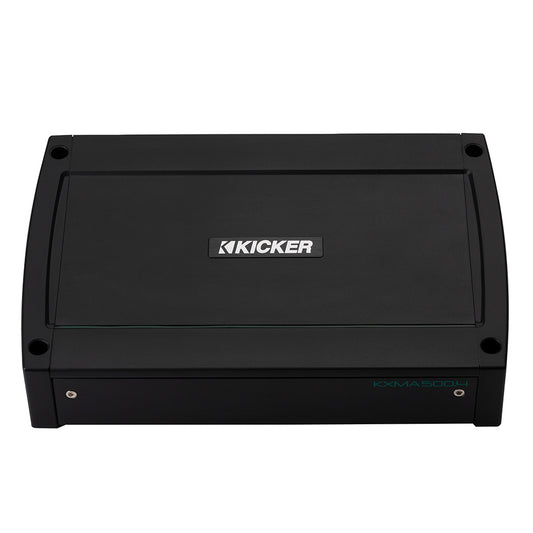 Kicker KXMA500.4 marine amplifier for car audio systems, compact black design with bold branding