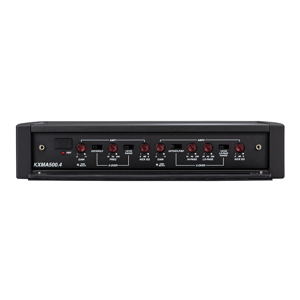 KXMA500.4 car amplifier with red knobs, gain, crossover, and EQ controls for audio installation