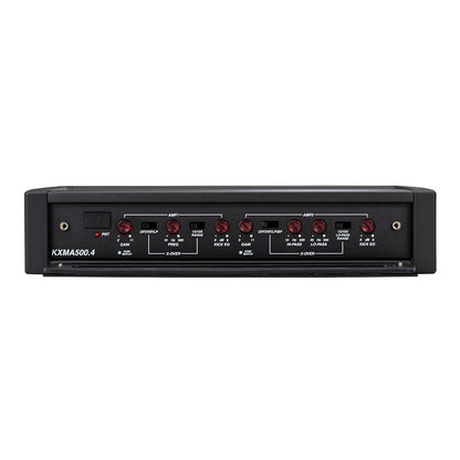 KXMA500.4 car amplifier with red knobs, gain, crossover, and EQ controls for audio installation