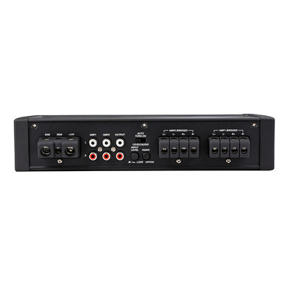 Rear panel of car audio amplifier with RCA inputs, speaker terminals, and power connections for high-quality installation